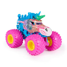 Monster Jam 1:64 sparkle die-cast monster truck with pink, blue, green details