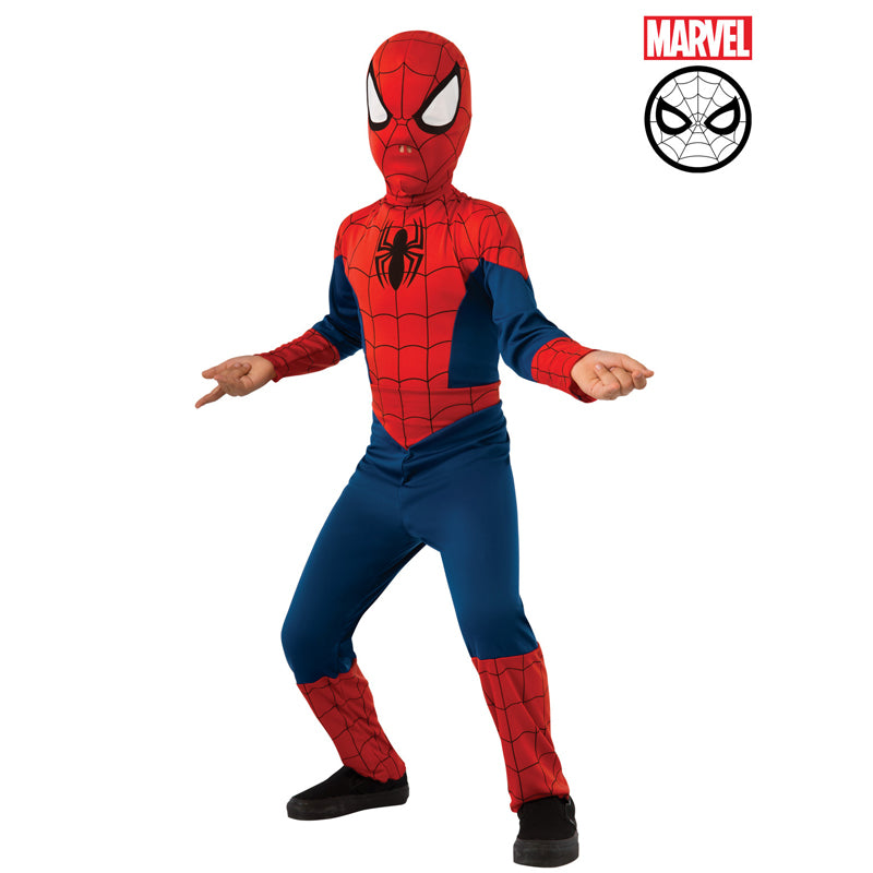 Kids Spider-Man jumpsuit costume with hood, red-and-blue web-print mask