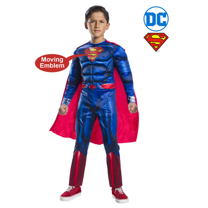Kids Superman-style blue and red lenticular costume with chest emblem and cape