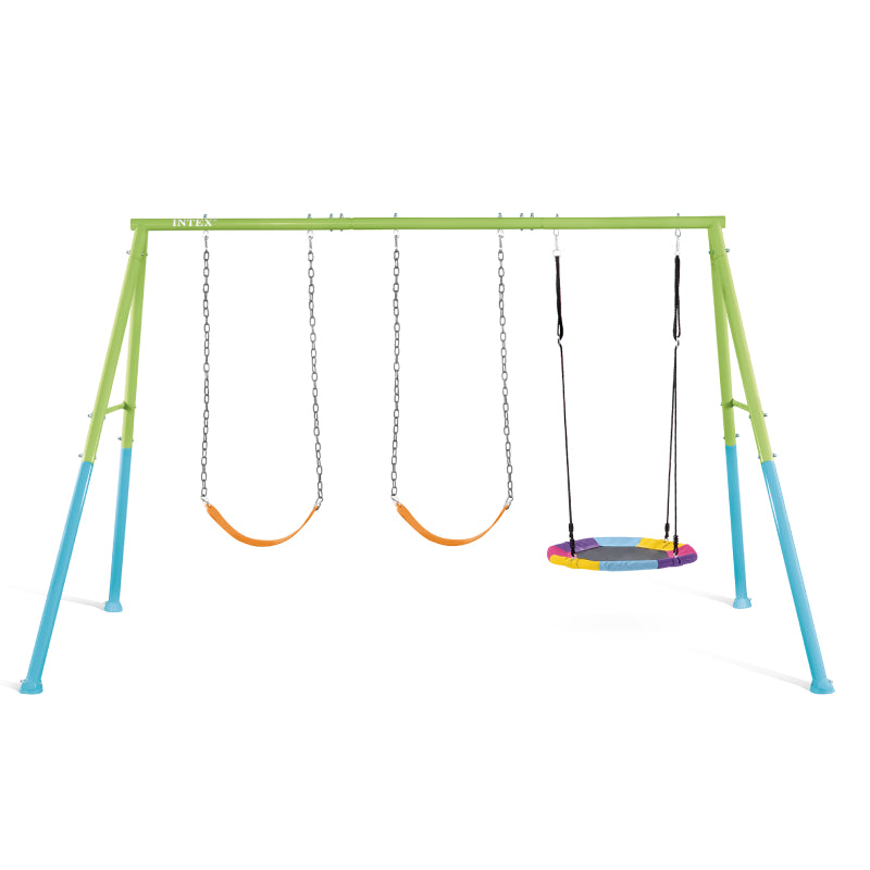 Swing set frame with multiple hanging seats, including round saucer swing