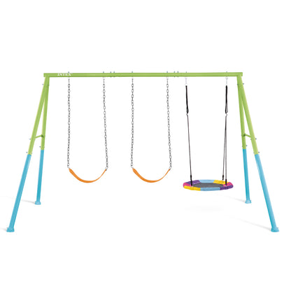 Swing set frame with multiple hanging seats, including round saucer swing