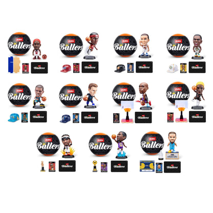 Assorted ZURU Ballers mini figures, basketballs, and packaging shown together